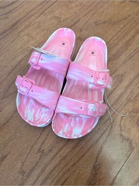 Adult Pink Marbled Slide Sandals with Adjustable Straps